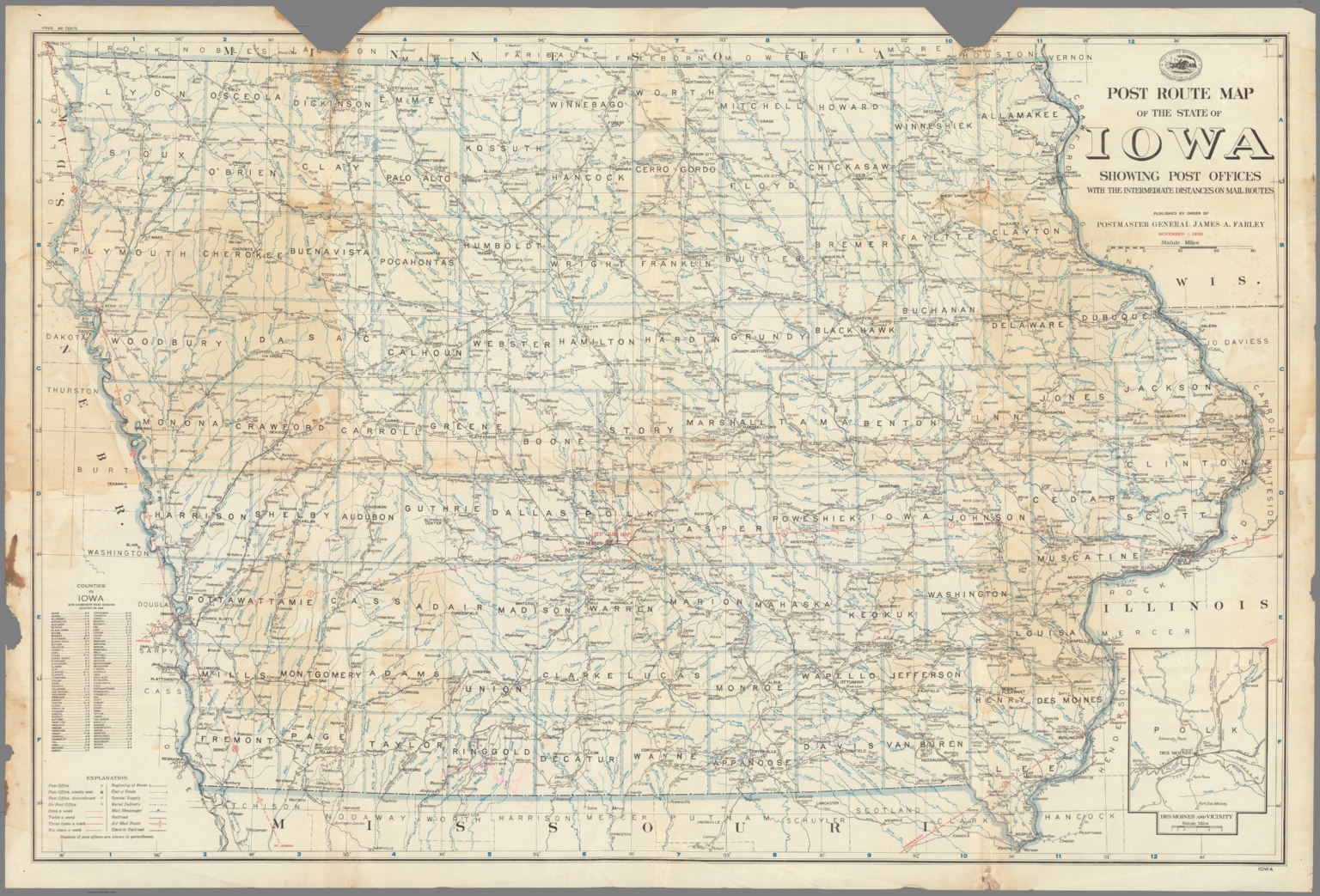 Post Route Map of the State of Iowa Showing Post Offices ... November 1 ...