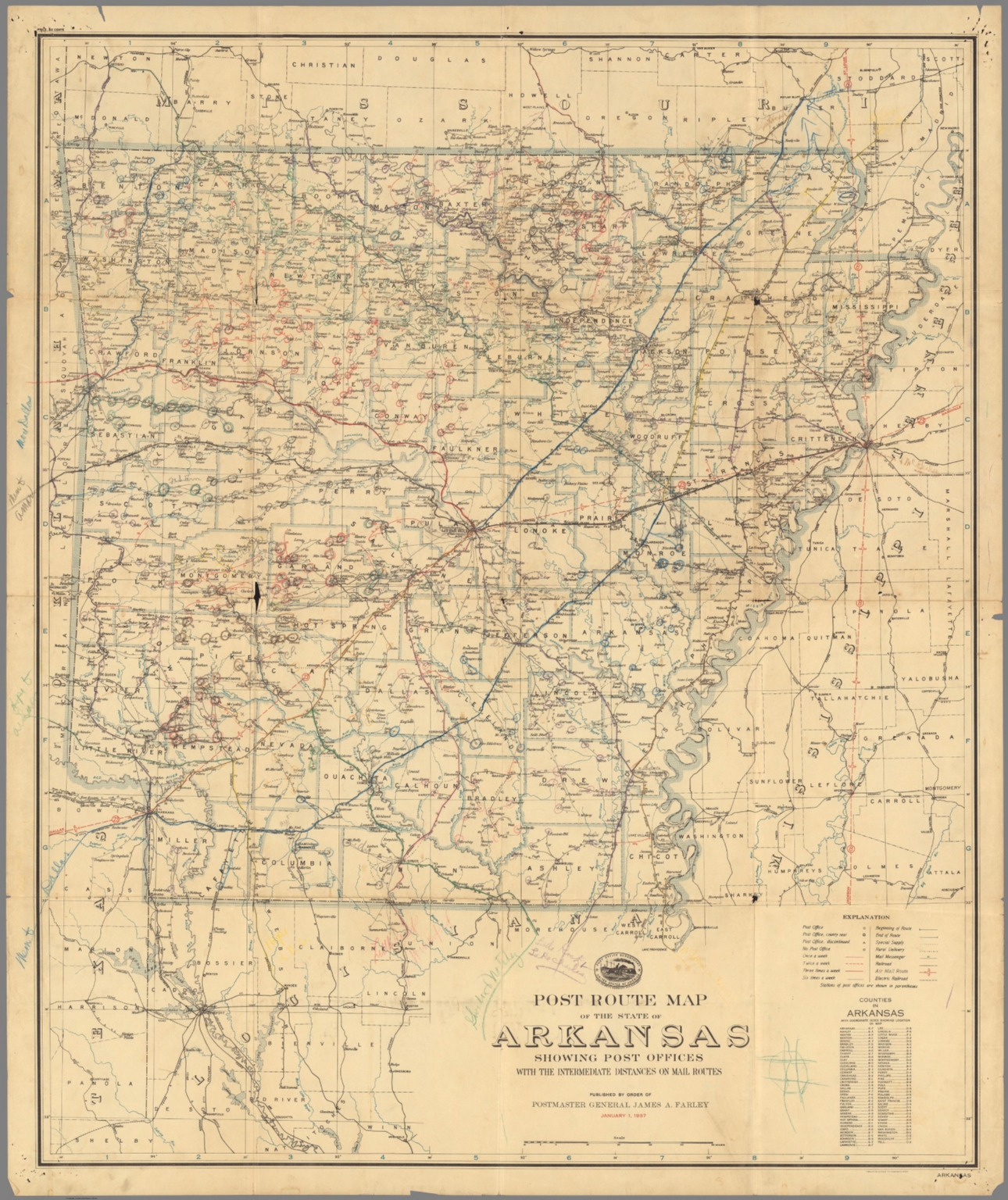 Post Route Map of the State of Arkansas Showing Post Offices