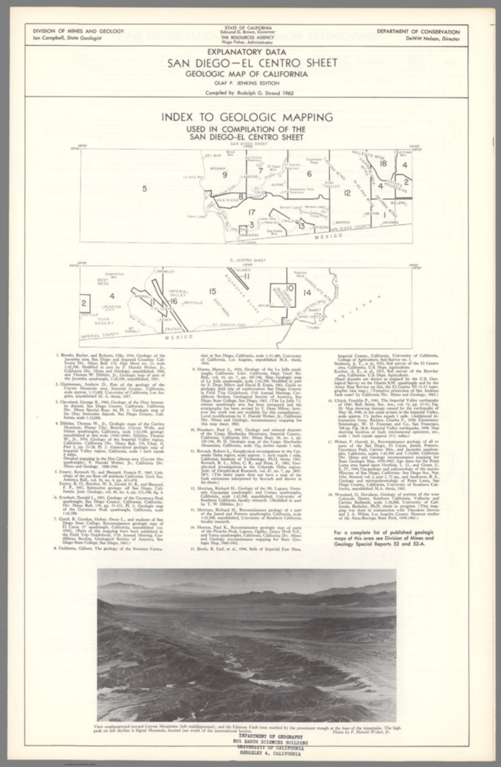 Text: Explanatory Data. San Diego - El Centro Sheet. Index Map: Index to Geologic Mapping used 