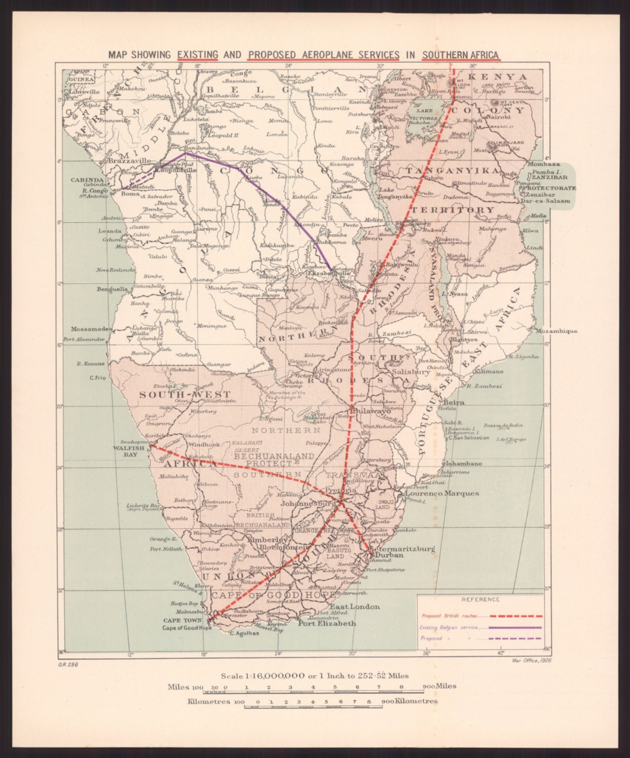 Map showing existing and proposed aeroplane services in Southern Africa