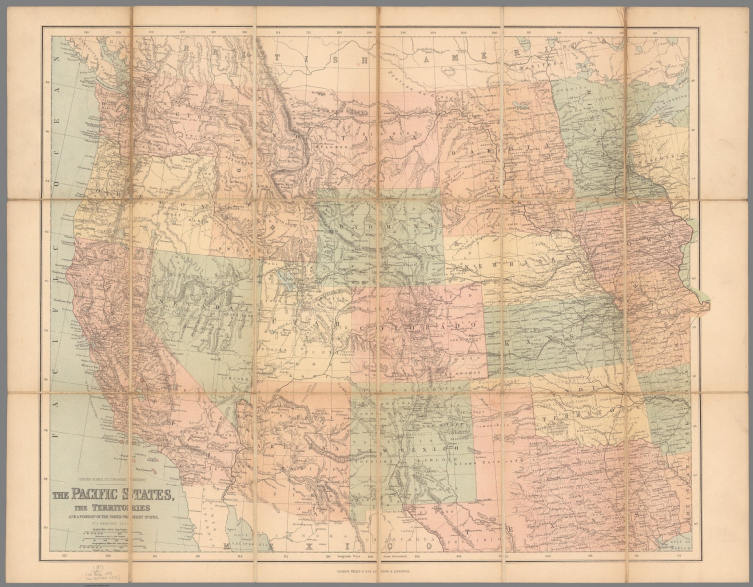 The Pacific States, The Territories And A Portion Of The North-Western States. By J. Bartholomew, F.R.G.S. George Philip & Son, London & Liverpool. (above the title) (United States, No. II (Western Division).